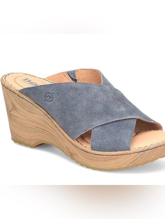 Born Shoes - Born Womens Nora Blue Suede Peep-Toe Slip-On Platform Sandals Shoes NWT
